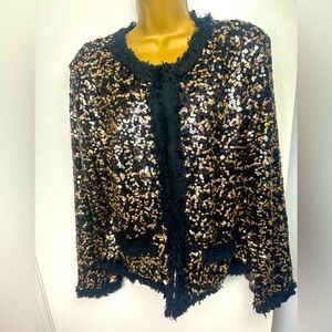 Boston Proper Black Brown Gold Sequins Raw Hem‎ Fringe  Detail Hook Blazer 18